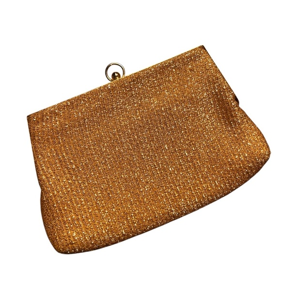 Vintage 1950s Gold Glitter Clutch Purse Mid Century Metallic Kiss Lock Handbag - Picture 1 of 7